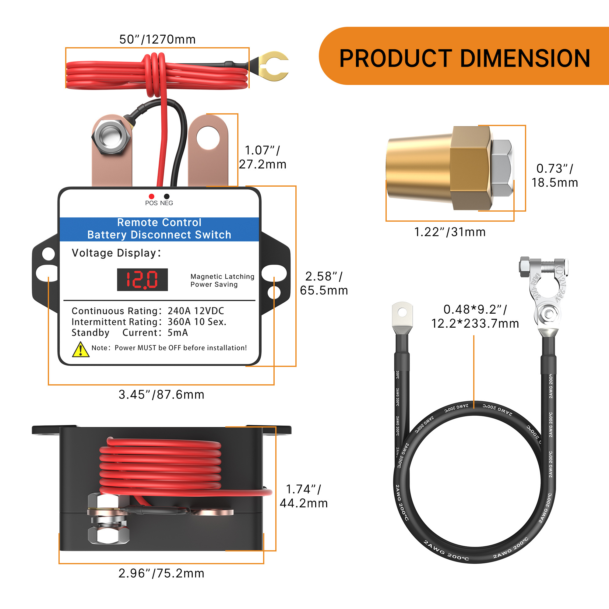 12V 240A Magnetic Latching Battery Relay Digital Display Anti-Theft Remote Control Switch With Two Wireless Control Fobs For Car