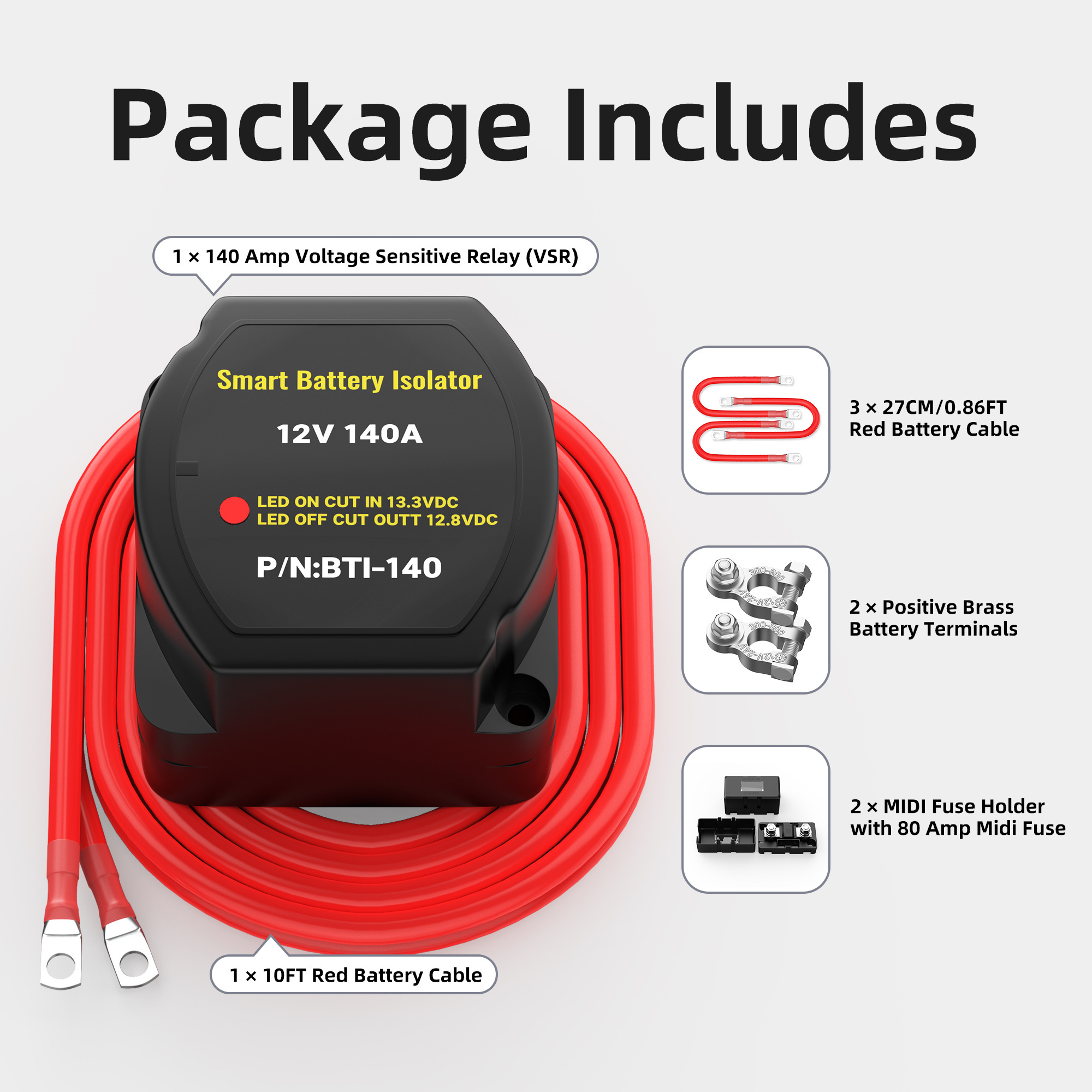 140A Dual Battery Isolator Kit 12 Volt Battery Cut Off Switch Smart Auto Battery Isolator Switch With MIDI Fuse Holder