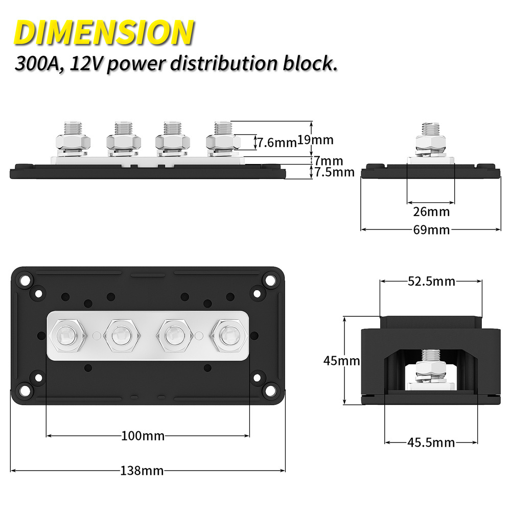 Marine Auto Heavy Duty 300A 4 Stud M10 Busbar Copper Terminals Block Power Distribution Block With Removable Plate Design Cover