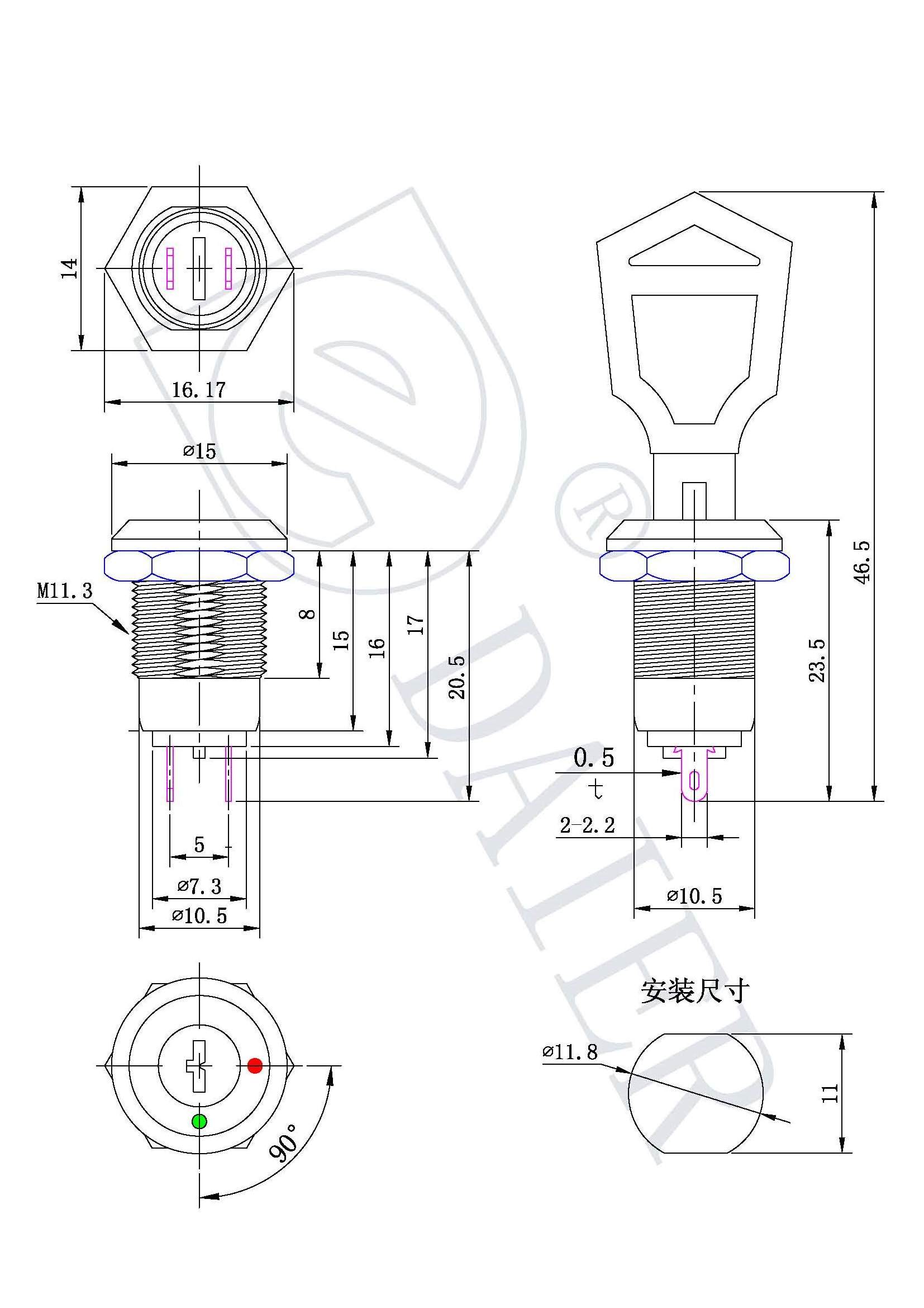 IP65 12MM 2 Position 2 Pin Solder Termin Key Pull Out Key Operated Electrical Key Switch