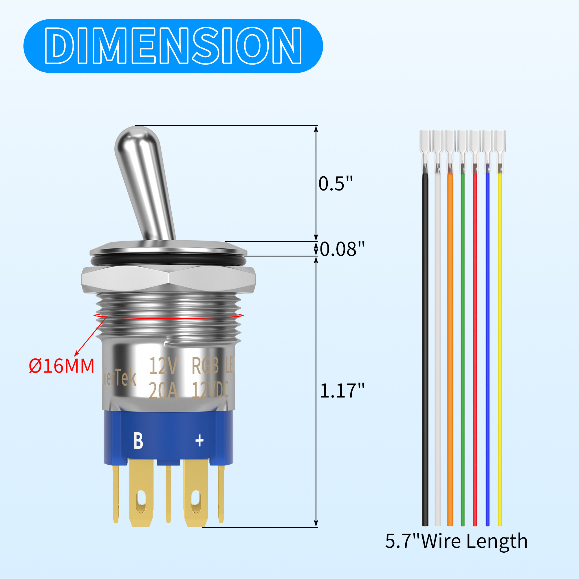 16MM 12V Toggle Switches SPDT Toggle Switch ON-ON 7Pin Toggle Switch Illuminated Red Green Blue Tricolor With 16AWG Wire