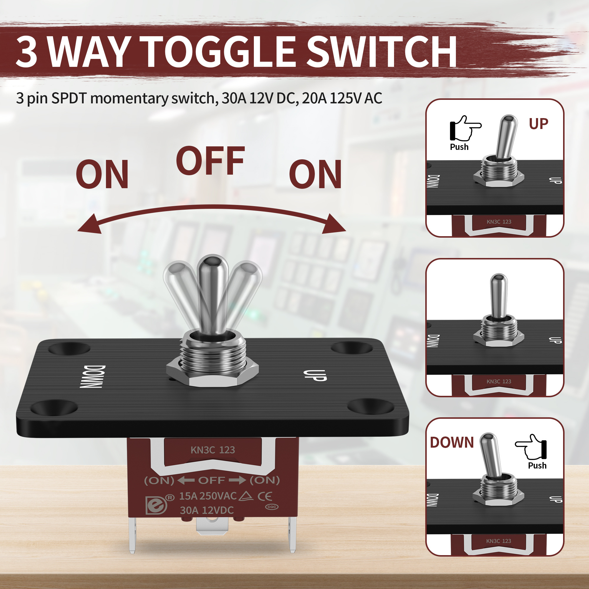 12V Toggle Switch 3 Way SPDT Toggle Switch Momentary (ON)-OFF-(ON) Toggle Switch With Cap And UP Down Bracket Panel For Car