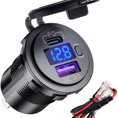 Waterproof Marine Boat USB Charger 12V Dual USB C PD3.0 Type C QC3.0 Car Charger Socket Power Outlet With LED Voltmeter Switch