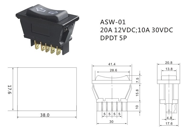 ASW-01 DPDT Window Switch 3 Way Rocker Switch Automotive Light Car Trunk Switch Auto Part with 