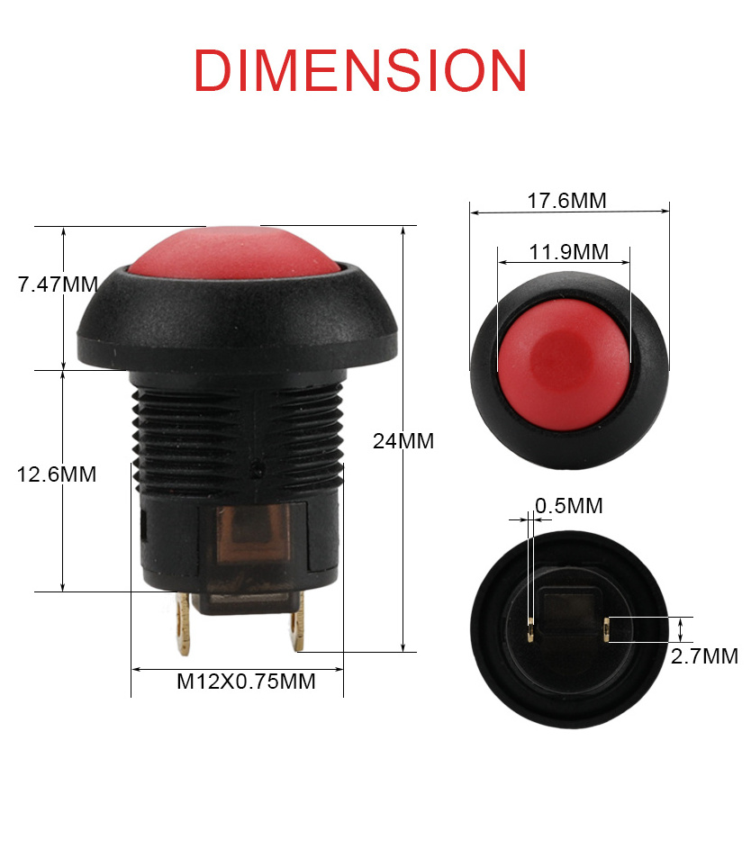 Waterproof 12mm Electrical Self Locking Dome Button 2 Pins Push Button Switch