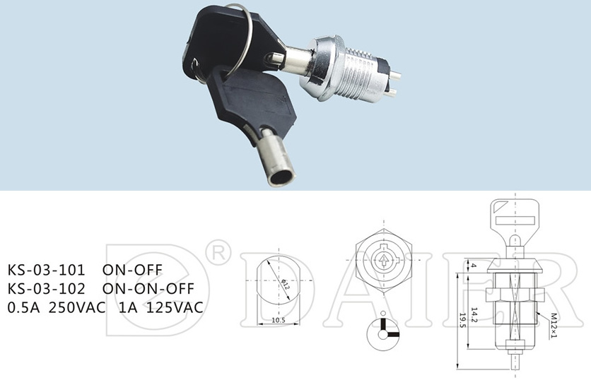 Keylock 12mm SPST ON-OFF 2Pin Terminal Electric Key Switch Cam Lock