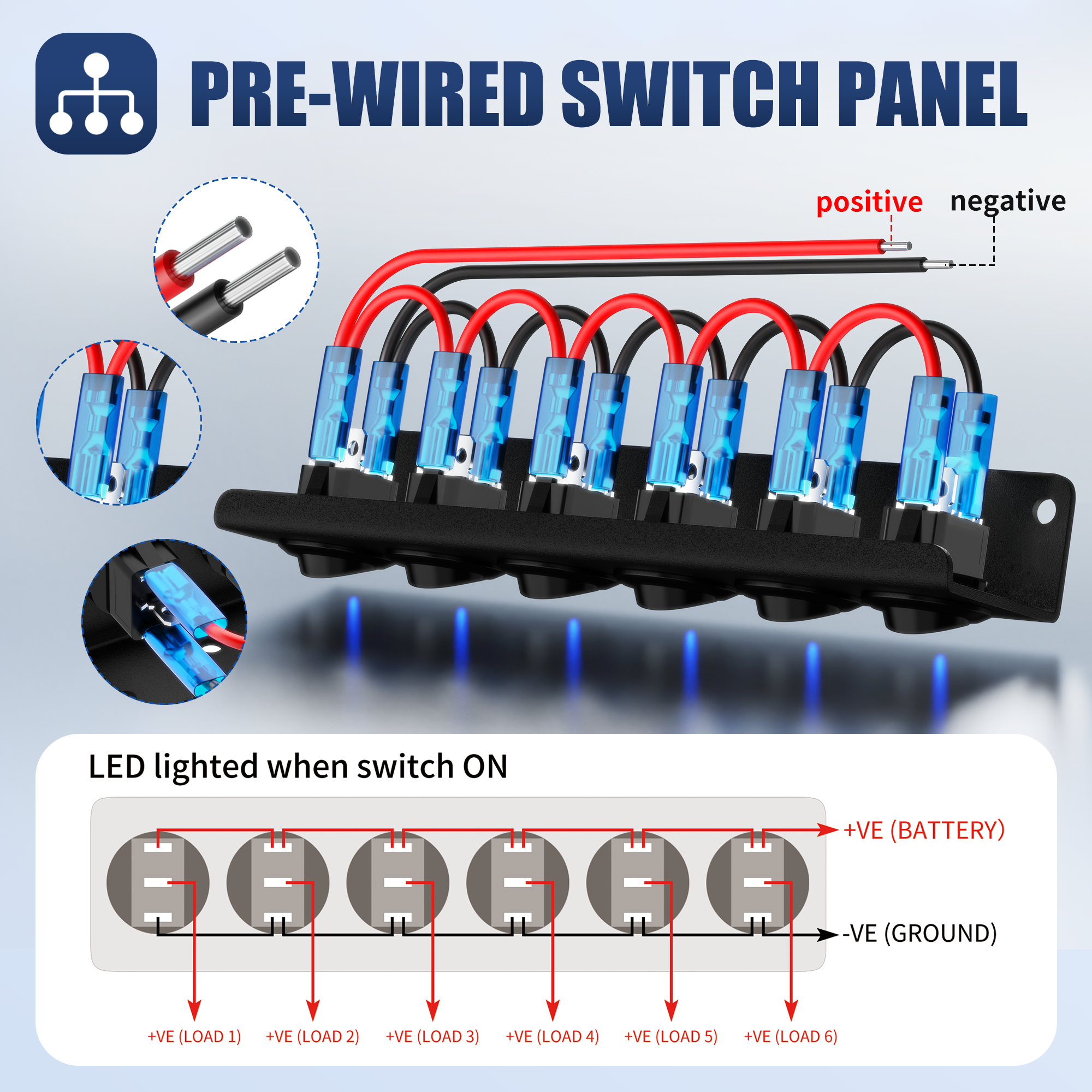 6 Position Switch Panel Dot Illuminated Round Rocker Switch 3 Pin ON-OFF Side Mounted 6 Gang Switch Panel Rocker