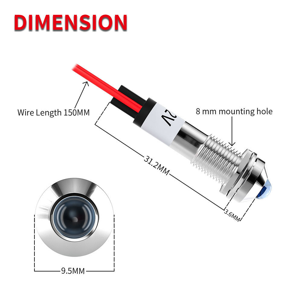 8MM Red LED Indicator Lights Metal 5/16