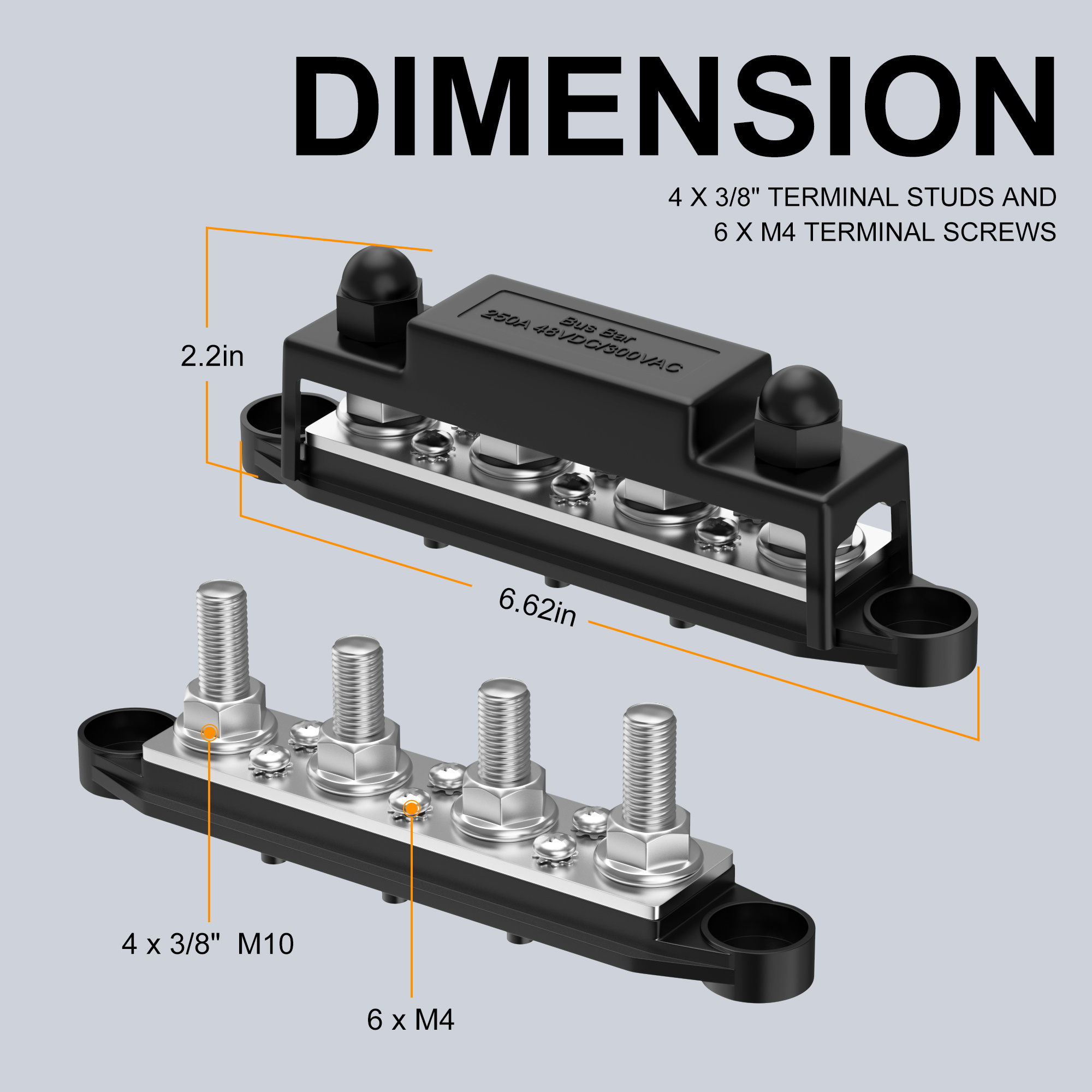 Marine Automotive RV  12VDC 275A 12V 4xM10 Posts  6x #8 Screw Fixed Bus Bar Terminal Block Copper Power Distribution Block