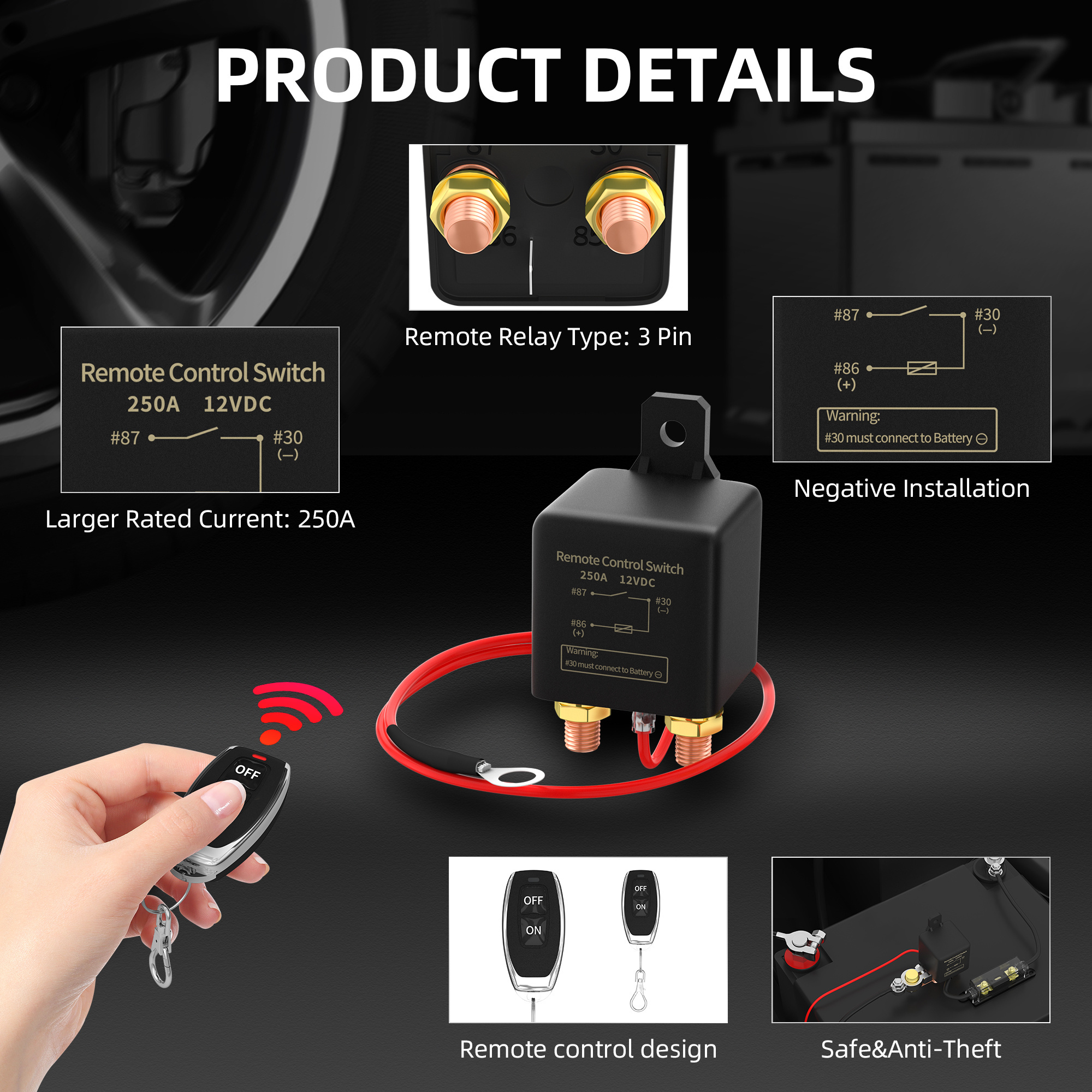 12V 250A Battery Kill Switch Wireless Remote Battery Disconnect Switch Anti Theft Car Security Control Switch With 2keys For Car