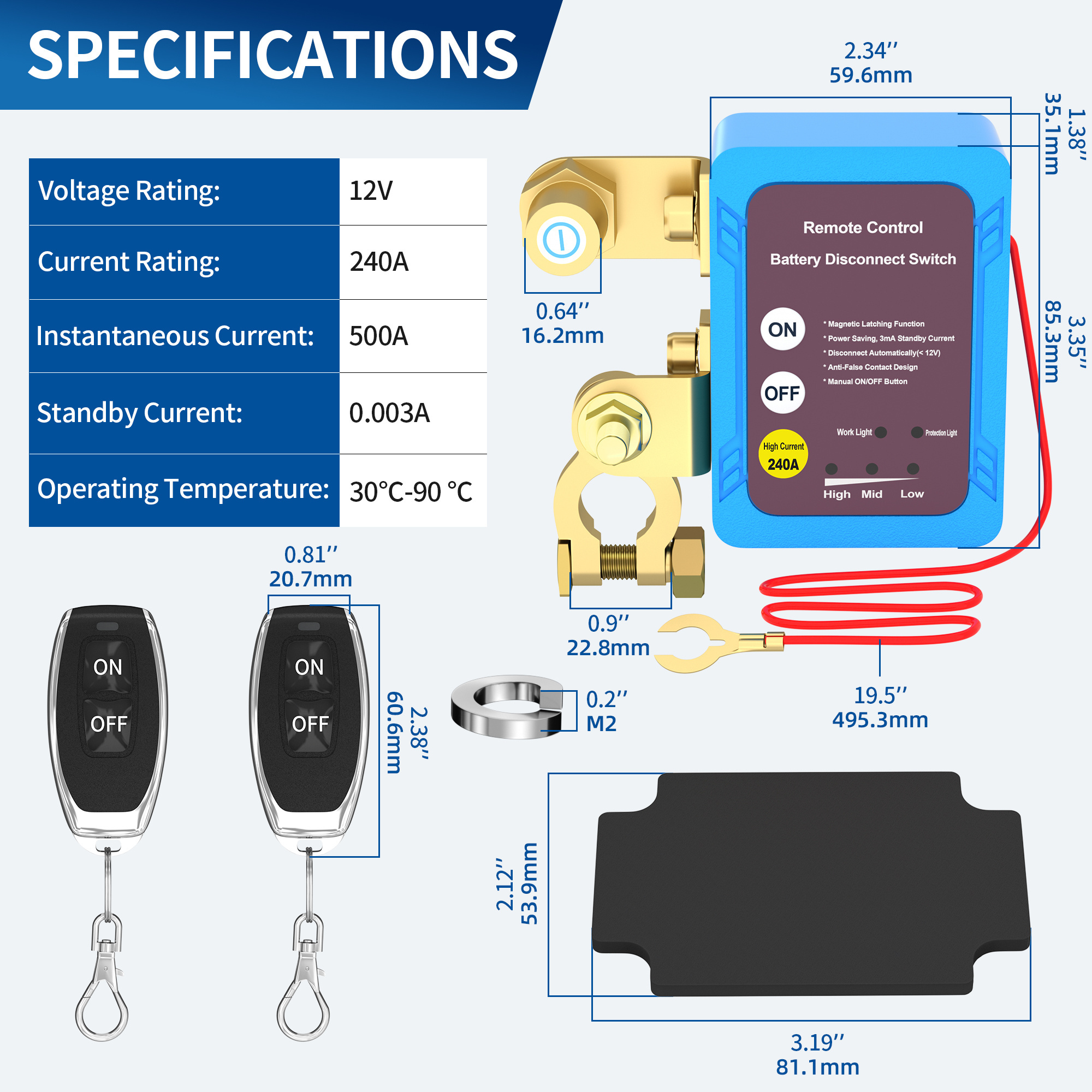 240A Battery Isolator Switch Power Cut Off Remote Disconnection Switch With 2 Remote Control Keys for Cars Models