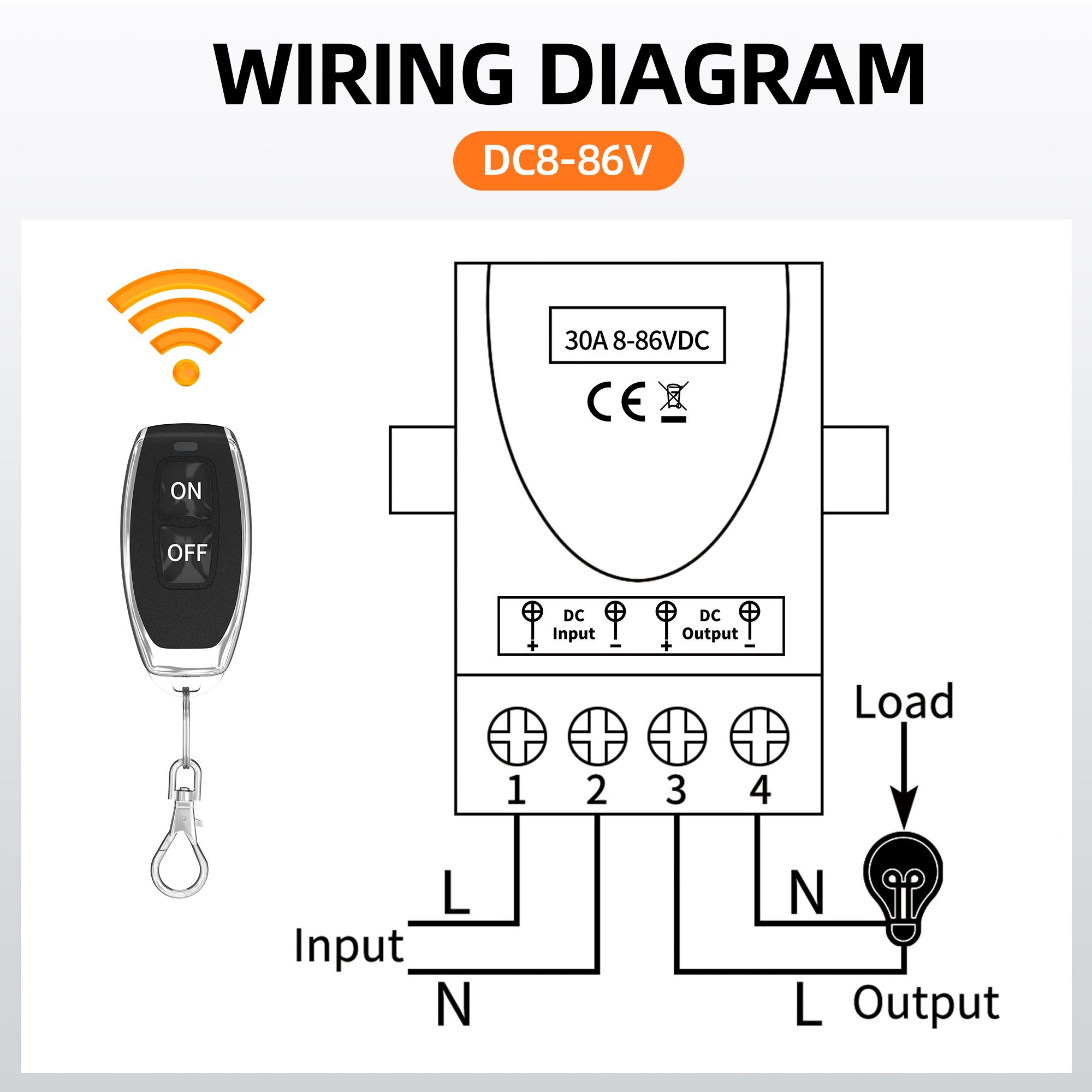 30A Remote Switch DC 8V/12V/24V/48V/72V/86V Remote Control Switch 328FT Long Range Wireless Remote Switch For Anti-Theft Alarms