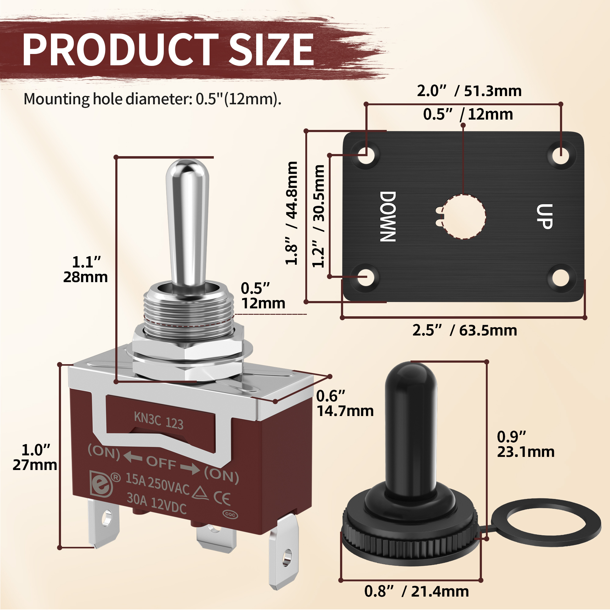 12V Toggle Switch 3 Way SPDT Toggle Switch Momentary (ON)-OFF-(ON) Toggle Switch With Cap And UP Down Bracket Panel For Car