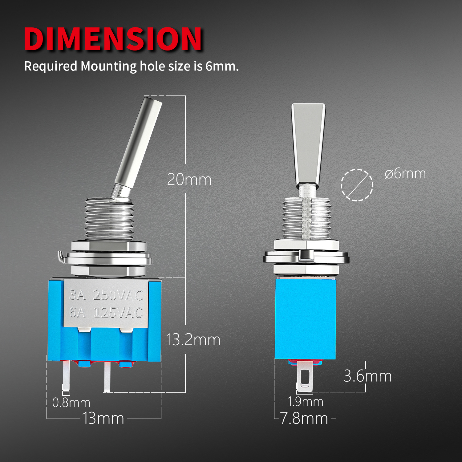 6MM SPST 2 Pin ON-OFF 3A 250V/6A 125V  Mini Flat Handle 12V Toggle Switch with Solder Terminals for Car Truck