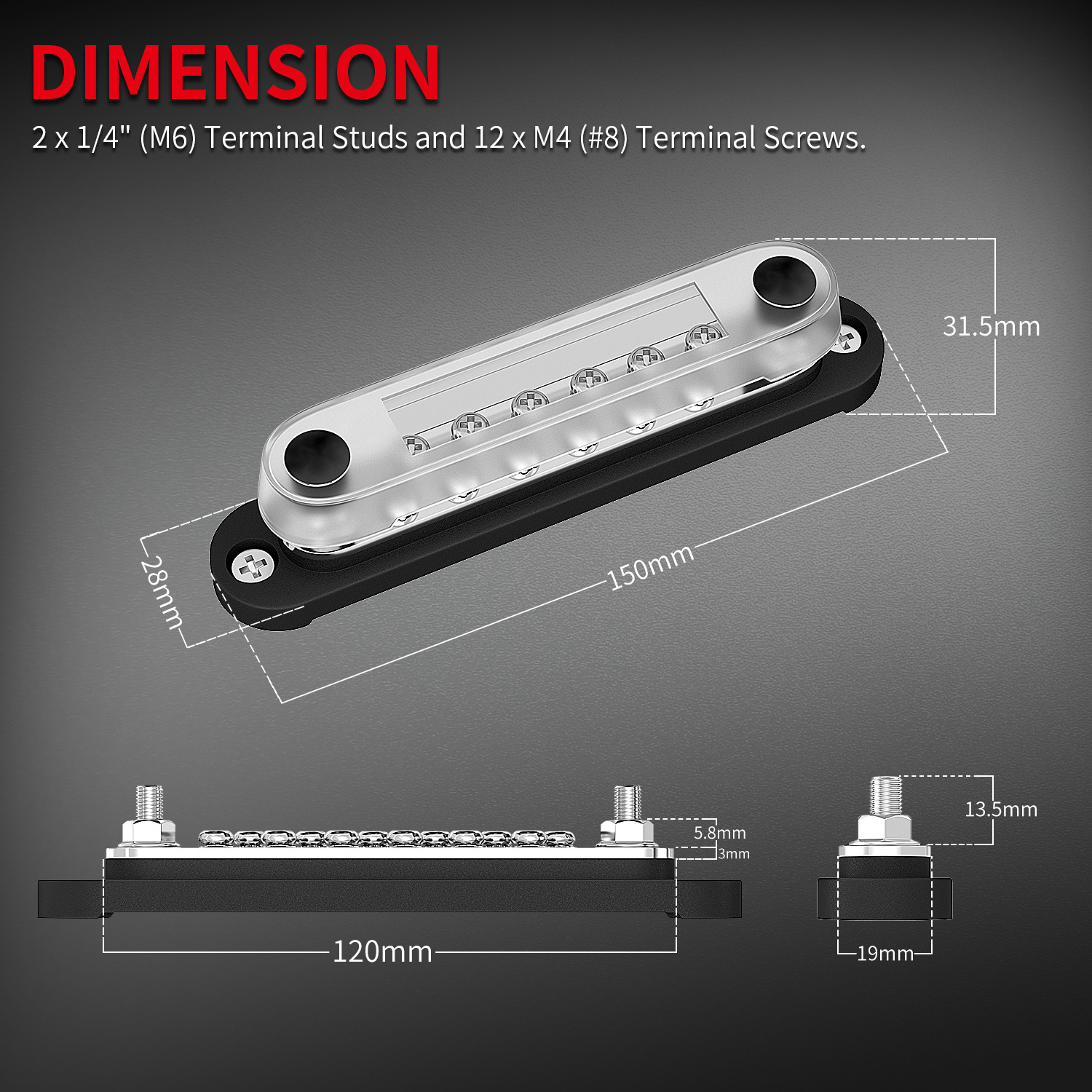 150A 48V Bus Bar Terminal Block Connector Screw Busbar PC Cover With 2X1/4