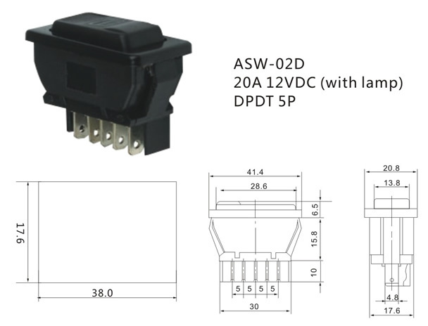 ASW-02D 20A DPDT 5P Lighted Auto Electric Power Window Switch