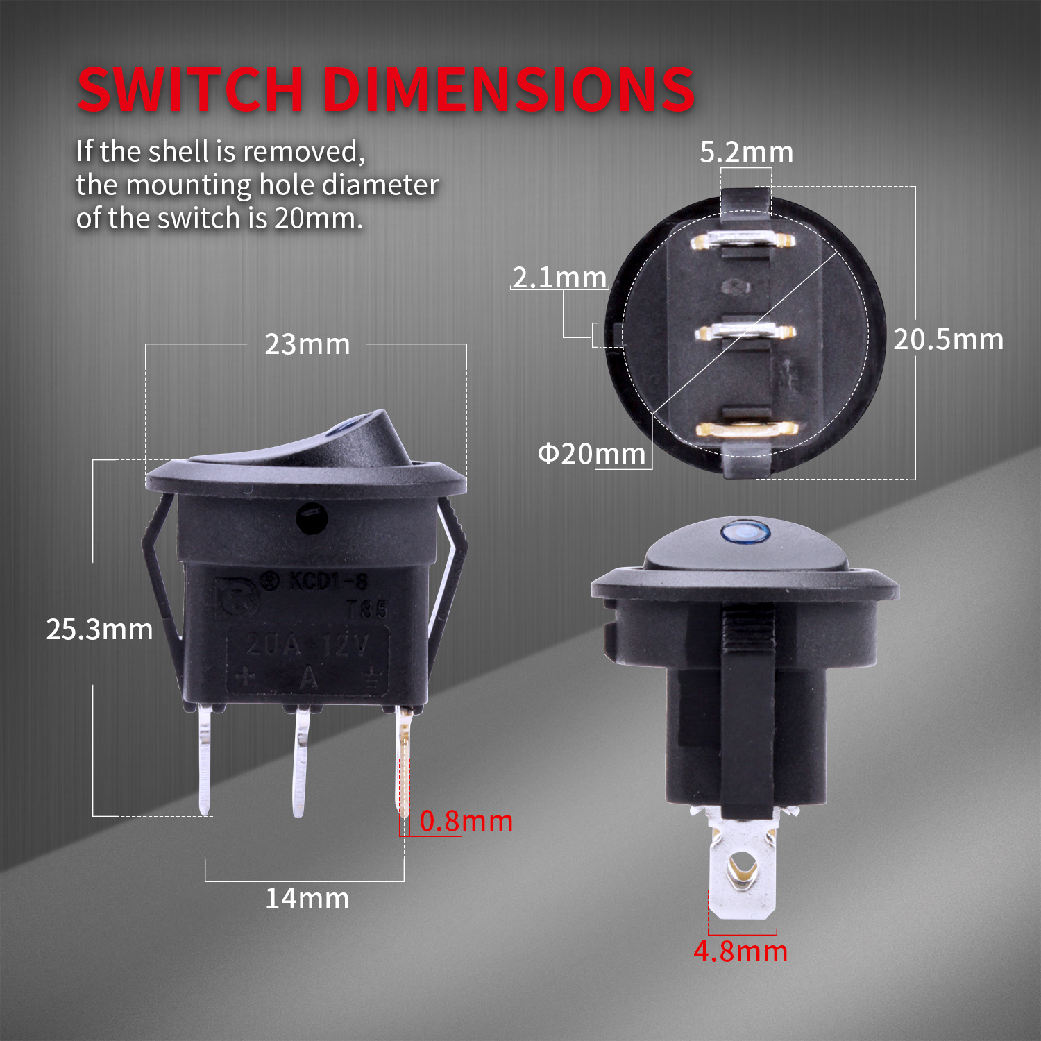 20MM 12V Waterproof Led Toggle ON OFF Rocker Switch 18AWG 20CM UL1007 Wires with 3Pins Dot Illuminated