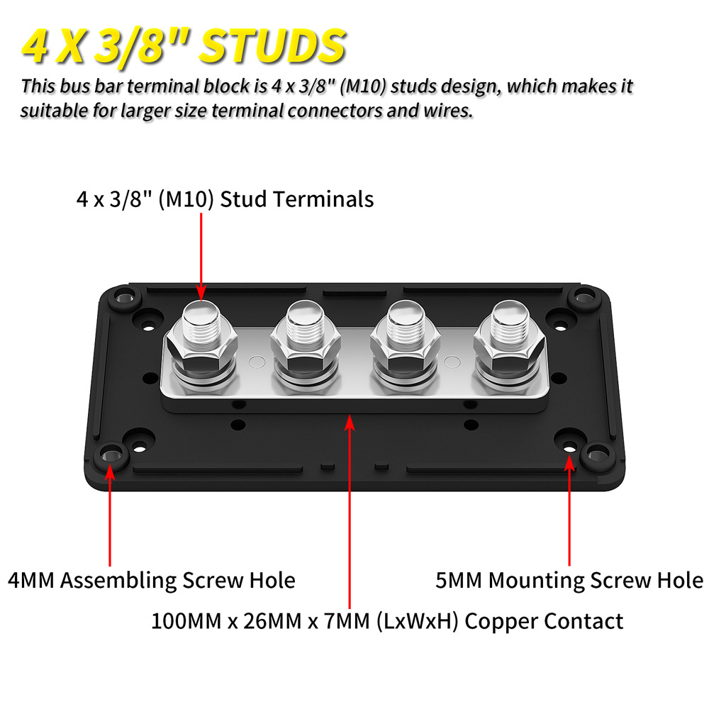 Marine Auto Heavy Duty 300A 4 Stud M10 Busbar Copper Terminals Block Power Distribution Block With Removable Plate Design Cover