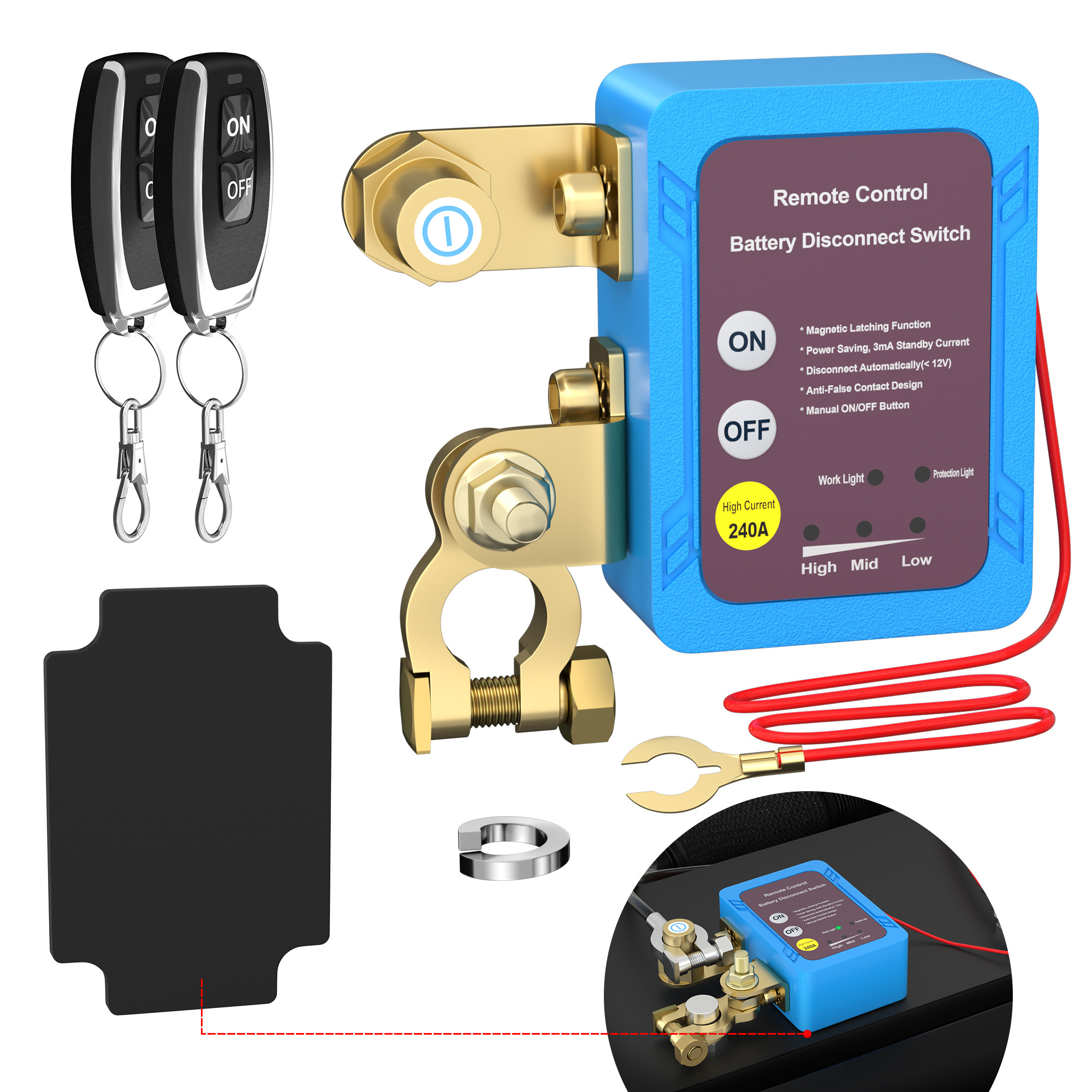 240A Battery Isolator Switch Power Cut Off Remote Disconnection Switch With 2 Remote Control Keys for Cars Models