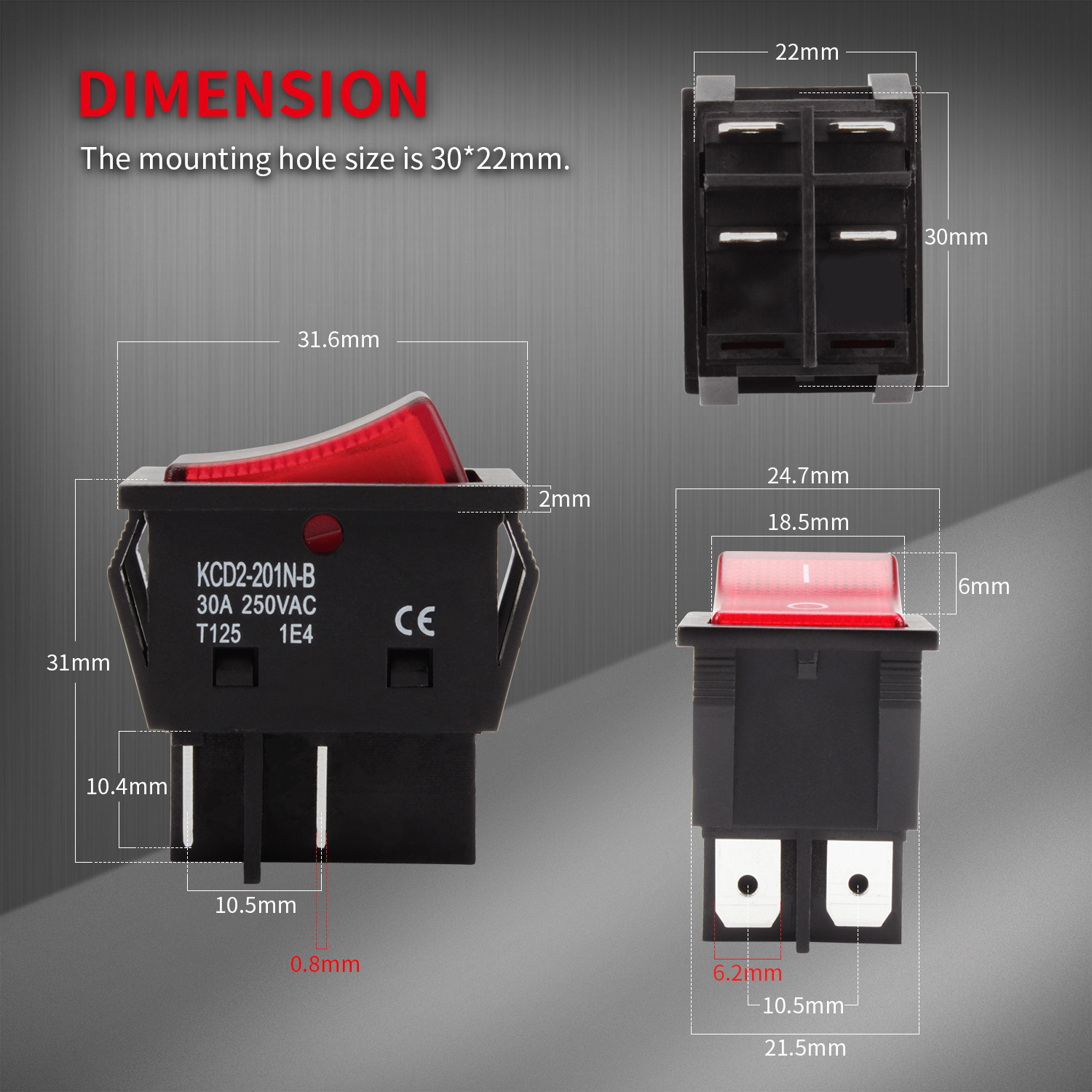 ON-OFF Heavy Duty Led Rocker Switch 4 Pin Rocker Switch 30A 250VAC With Red Green Orange White Blue Led Color