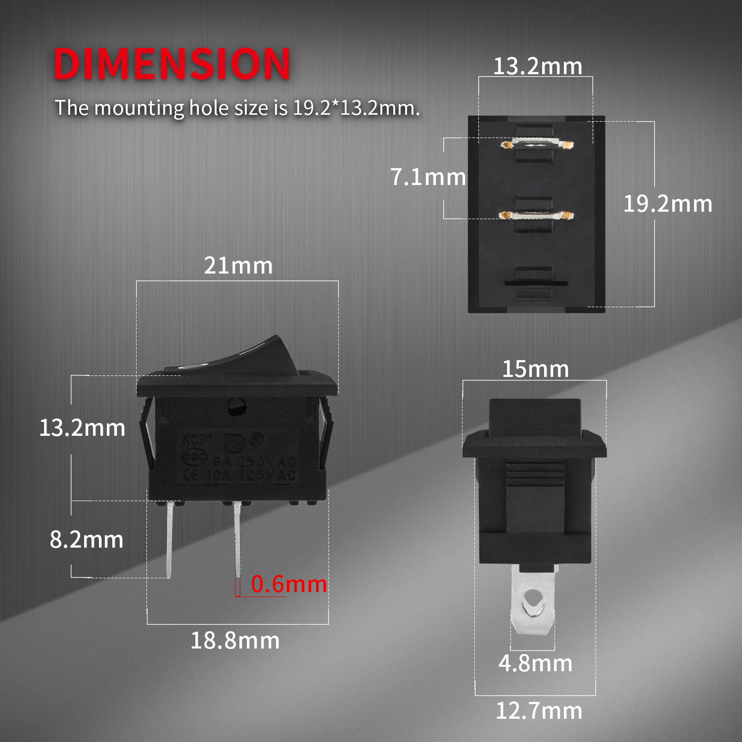 KCD1-101 SPST ON OFF Rocker Switch 2PIN T85 Mini Rocker Switch 6A 250VAC 2 Positions PA66 with 