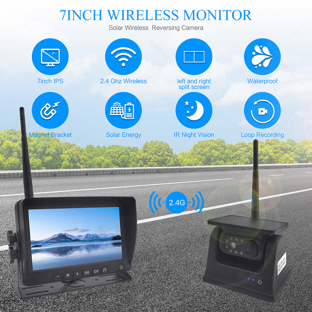 HD 7Inch Magnetic Solar Wireless Truck Bus Reverse Backup Camera Monitor system for Car Trucks Campers RV Travel Trailers