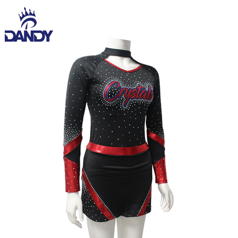 Sublimation long sleeve warm up performance wear skirts black and red shiny rhinestones cheer cheerleader uniform