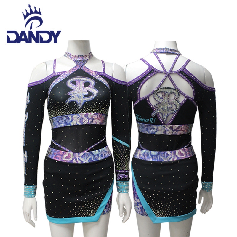 Dandy custom purple womens rhinestone transfer cheerleader uniform sexy cheerleader dance costume cheer uniforms