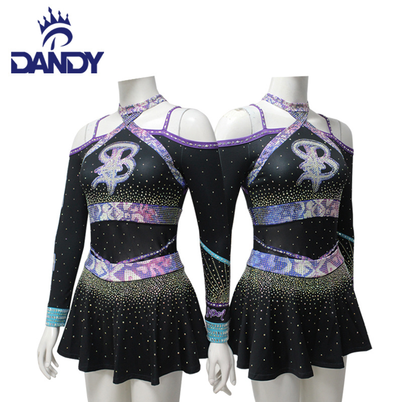 Dandy custom purple womens rhinestone transfer cheerleader uniform sexy cheerleader dance costume cheer uniforms