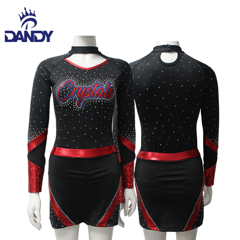 Sublimation long sleeve warm up performance wear skirts black and red shiny rhinestones cheer cheerleader uniform