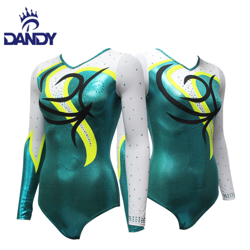 Customized Gymnastics Bodysuits Girls gymnast Shiny Green Performance Dance Costumes Leotards