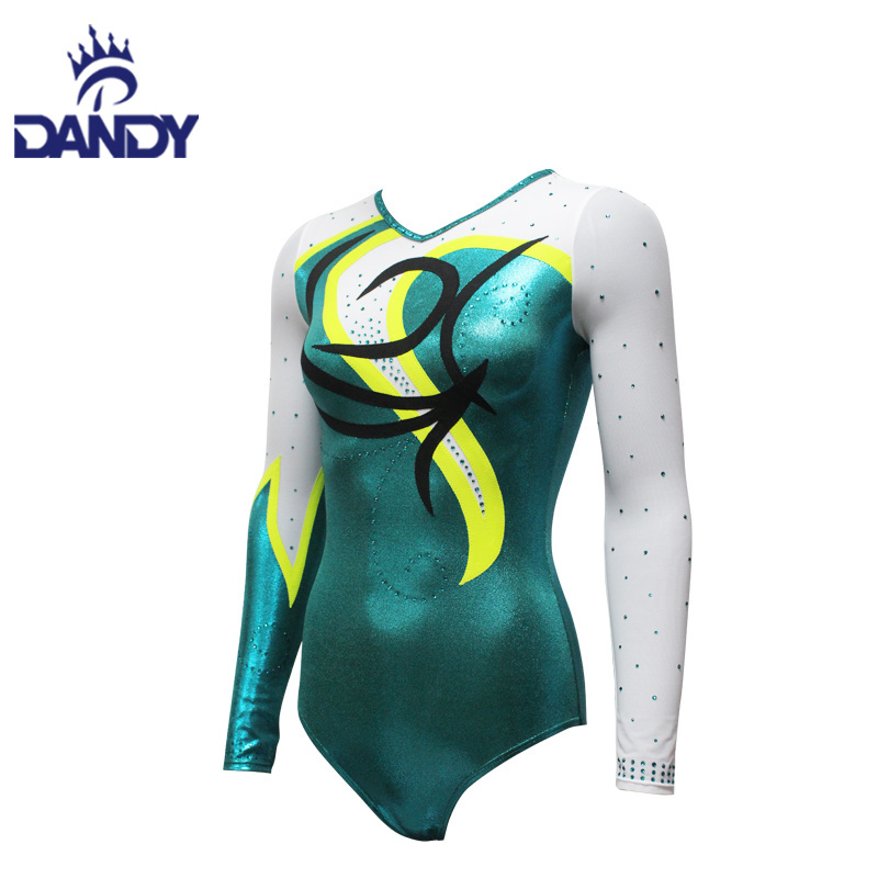 Customized Gymnastics Bodysuits Girls gymnast Shiny Green Performance Dance Costumes Leotards