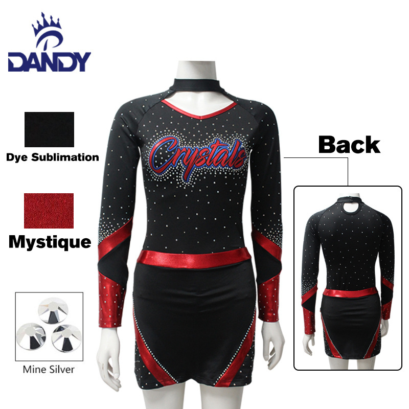 Sublimation long sleeve warm up performance wear skirts black and red shiny rhinestones cheer cheerleader uniform