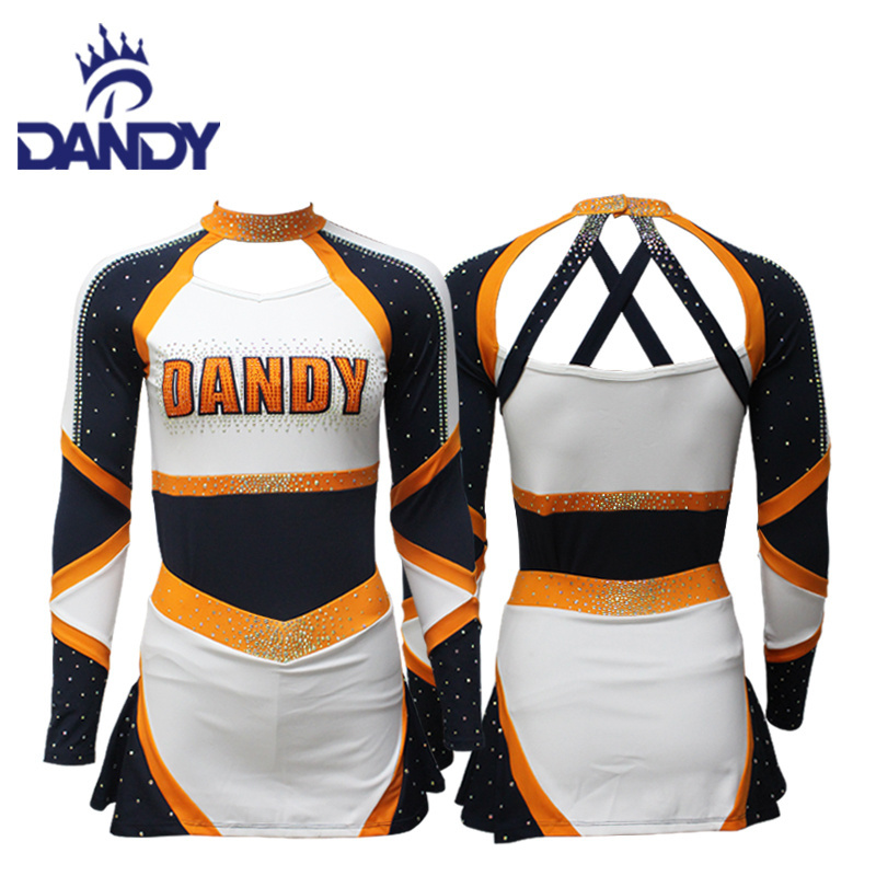 Customized your own design cheerleading sparkle teen uniform orange competition Cheer Girl Uniform with dance skirt