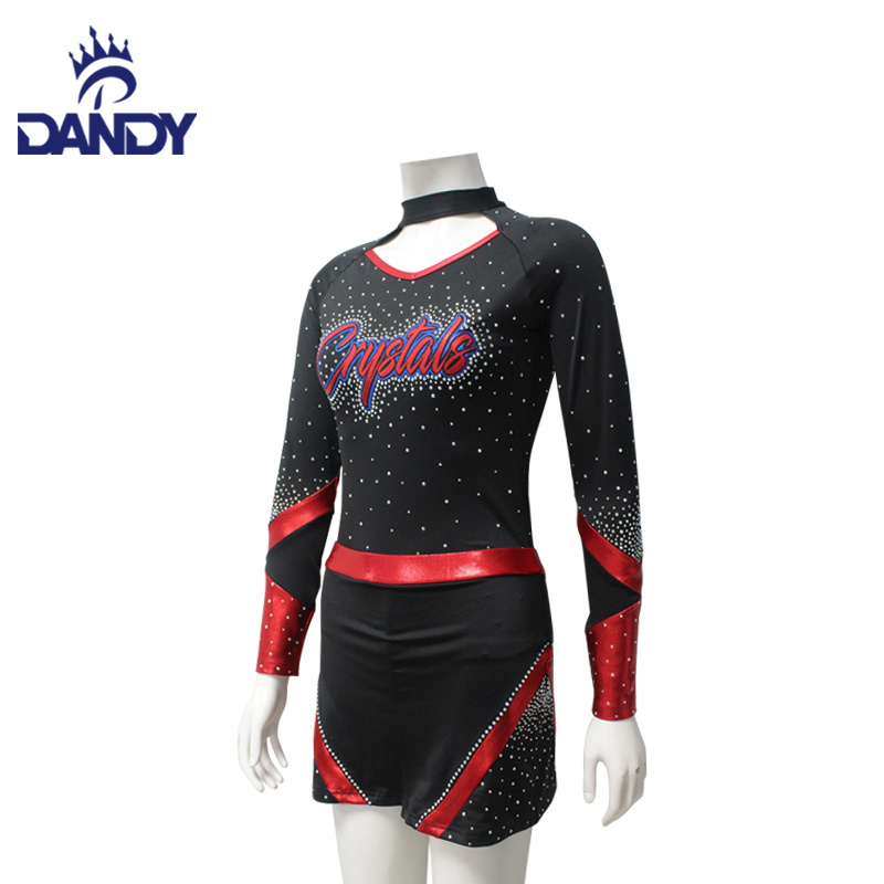 Sublimation long sleeve warm up performance wear skirts black and red shiny rhinestones cheer cheerleader uniform