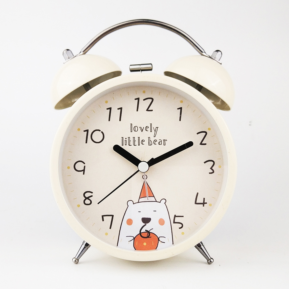 Factory Supply Cartoon Design Alarm Clock Metal Twin Bell Alarm Children's Room Bedside Clock with Night Light