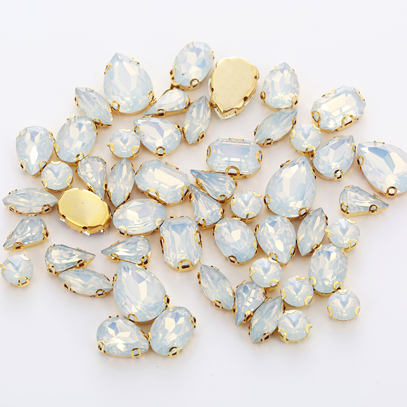 Wholesale Mixed Shape 50pcs White Opal Rhinestones With Gold Claw Flatback Sewing Craft Accessories Resin Rhinestones With Holes