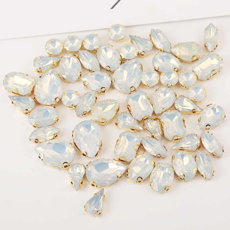 Wholesale Mixed Shape 50pcs White Opal Rhinestones With Gold Claw Flatback Sewing Craft Accessories Resin Rhinestones With Holes