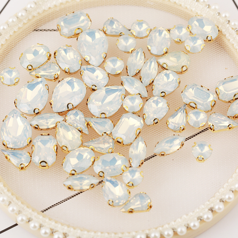 Wholesale Mixed Shape 50pcs White Opal Rhinestones With Gold Claw Flatback Sewing Craft Accessories Resin Rhinestones With Holes