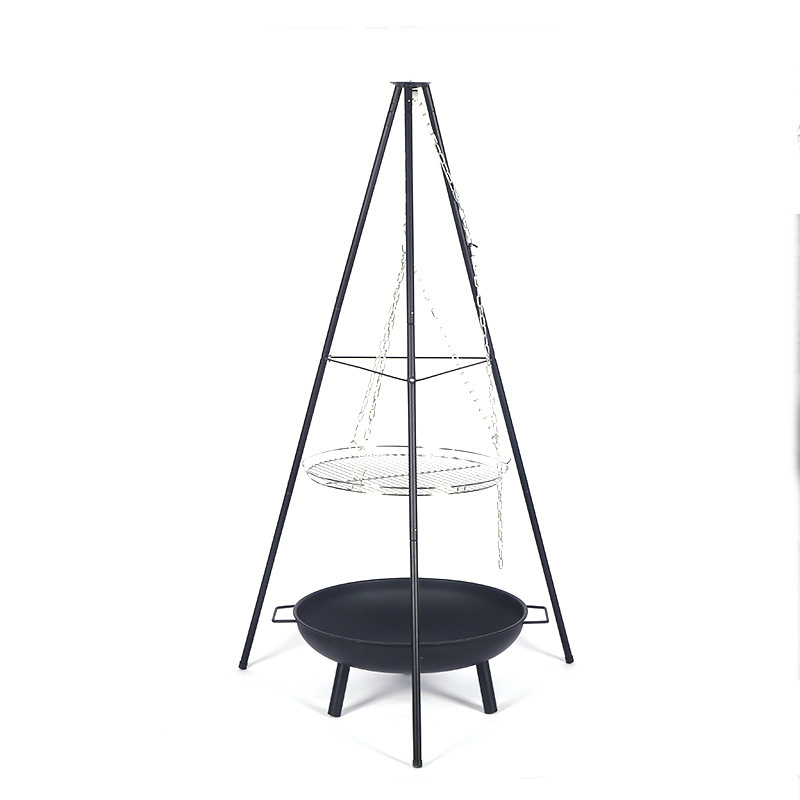 Outdoor wood burning barbecue grill hanging iron chain table top fire pit with tripod hanging stand