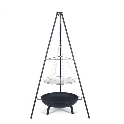 Outdoor wood burning barbecue grill hanging iron chain table top fire pit with tripod hanging stand