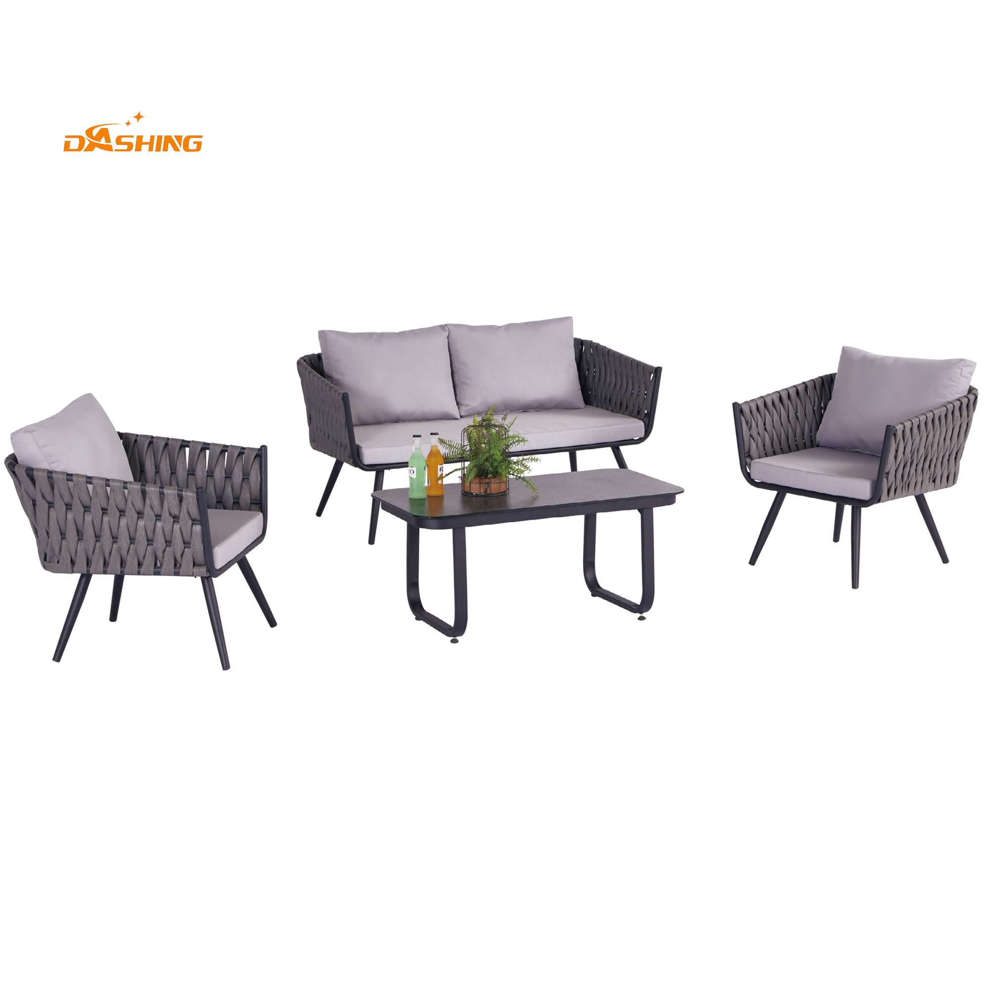 Grey Metal Steel Modern Backyard Garden Sofa Set Rattan Patio Furniture Wicker Outdoor Furniture