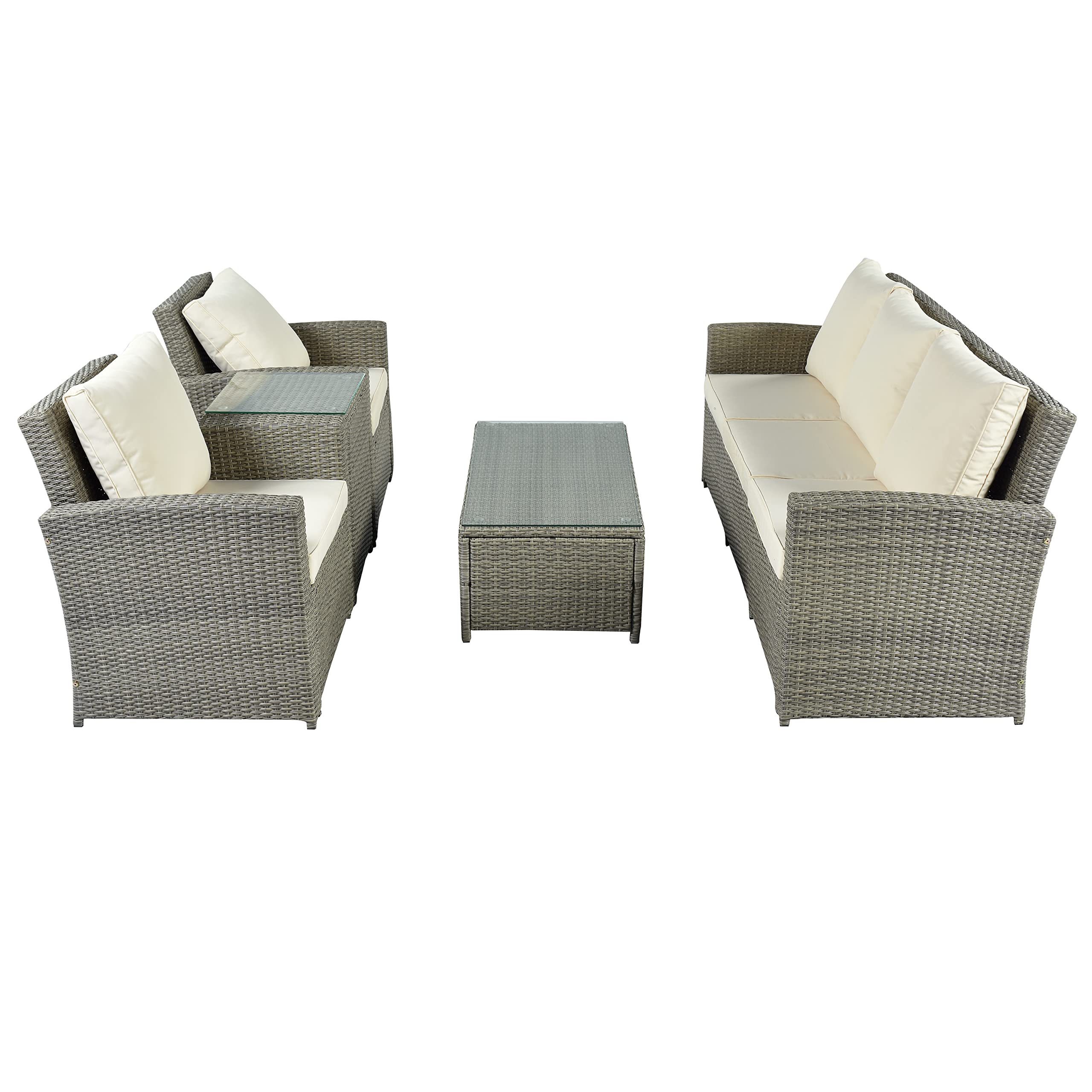 4 Piece Outdoor Patio Furniture Brown Rattan Wicker Sofa Garden Set with Upholstery and Glass Table for Patio Pool or Backyard