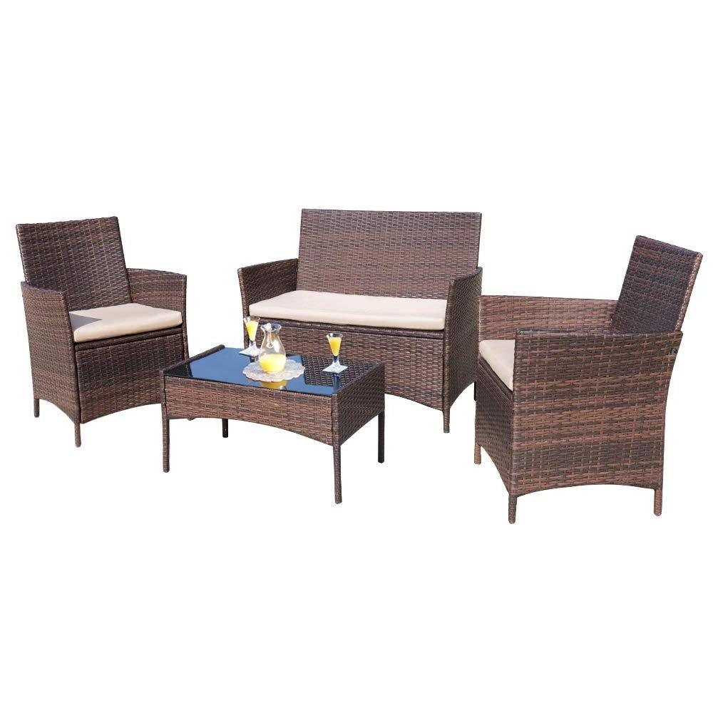 4 Piece Outdoor Patio Furniture Brown Rattan Wicker Sofa Garden Set with Upholstery and Glass Table for Patio Pool or Backyard