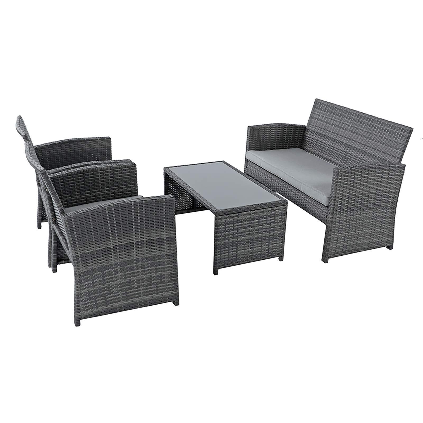 4 Piece Outdoor Patio Furniture Brown Rattan Wicker Sofa Garden Set with Upholstery and Glass Table for Patio Pool or Backyard