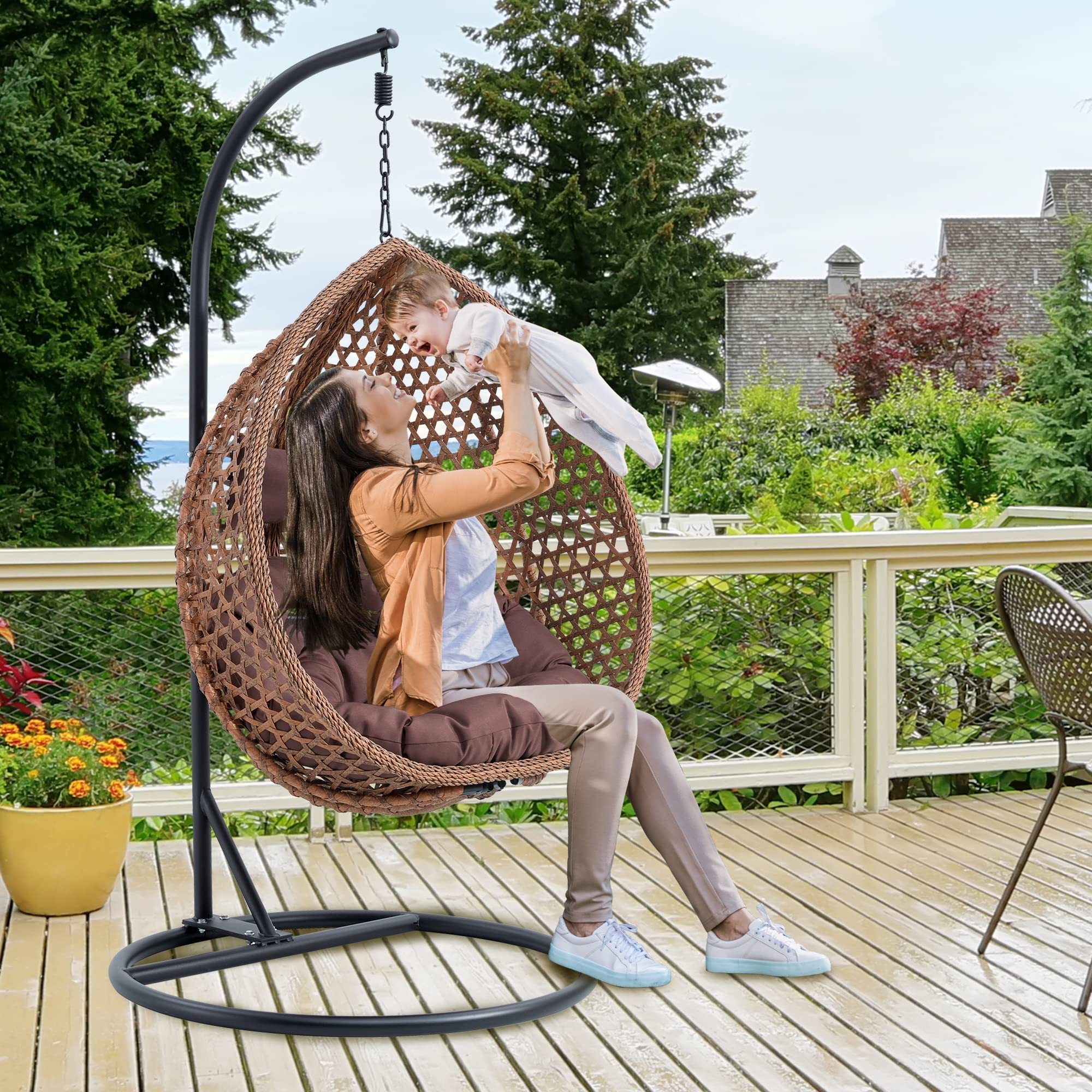 Outdoor furniture garden modern portable foldable patio hanging rattan egg swing chair with stand