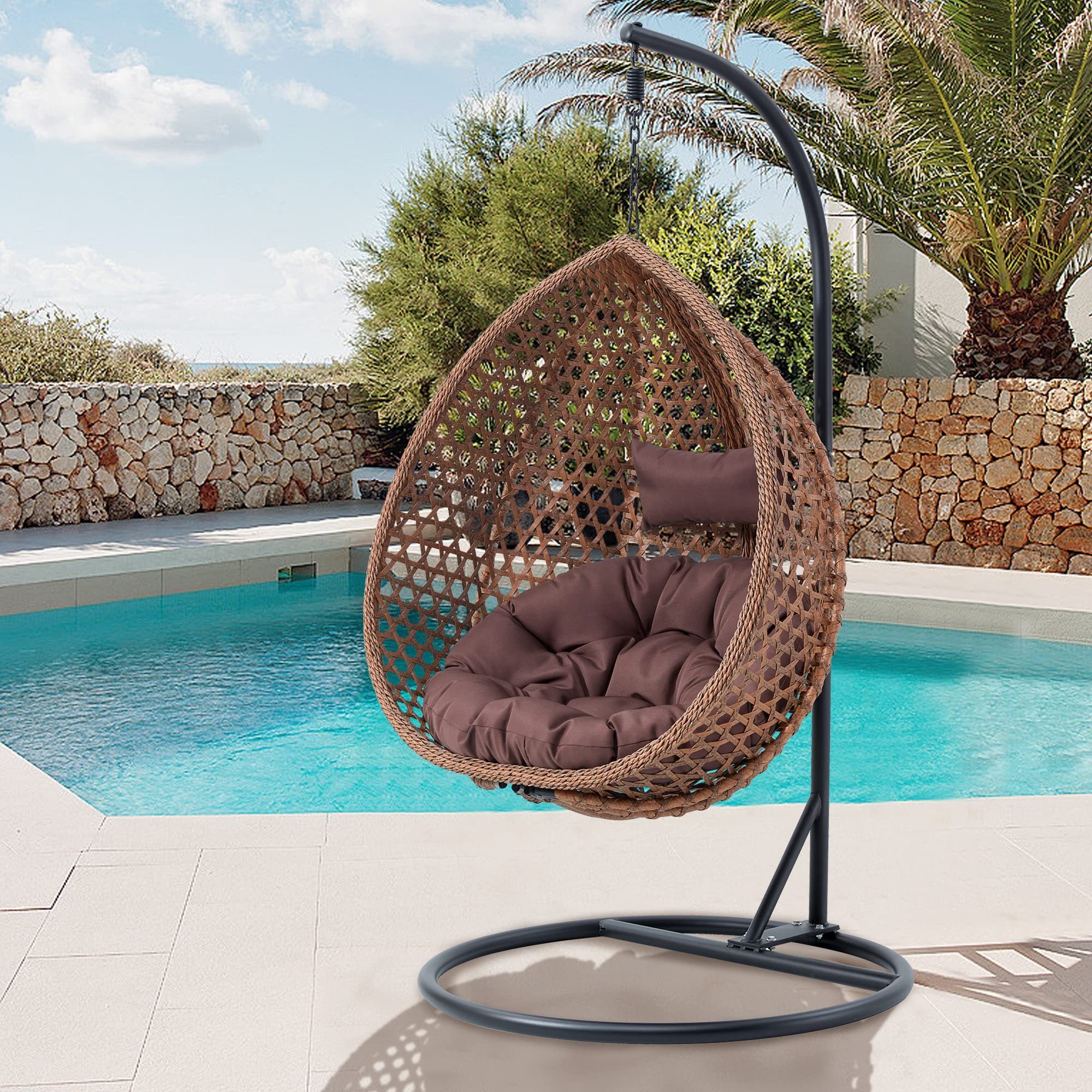 Outdoor furniture garden modern portable foldable patio hanging rattan egg swing chair with stand