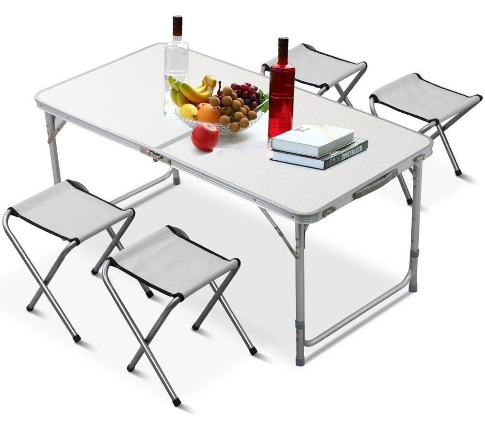 White Adjustable Height 4ft Folding Aluminum Portable Picnic Camping Table And Chair with Handle for Picnic Party BBQ