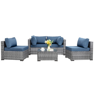 5 Piece Outdoor Patio Sofa Set, Silver Grey PE Wicker Furniture Conversation Set with Washable Cushions and Glass Coffee Table