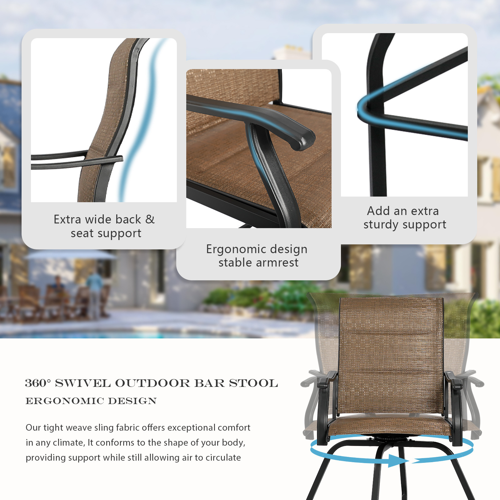 Patio Garden 3 PCS Set Outdoor Furniture and Indoor Swivel Bar Chair Modern Metal Bar Stools